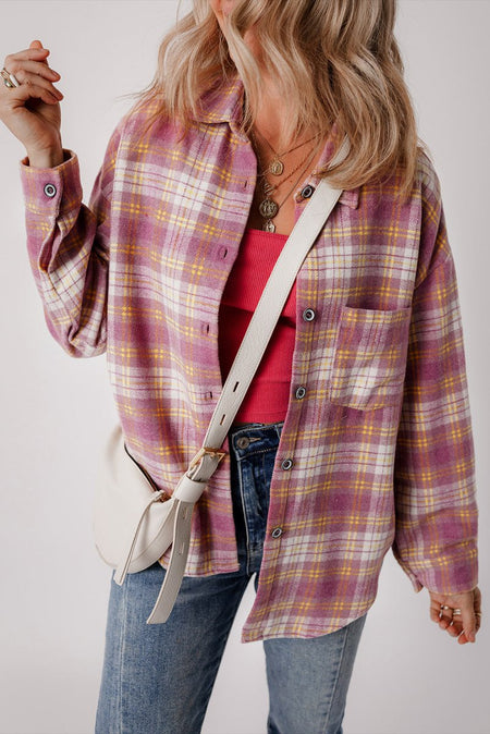 Plaid Collared Neck Button Up Shacket - S. M. & Co.