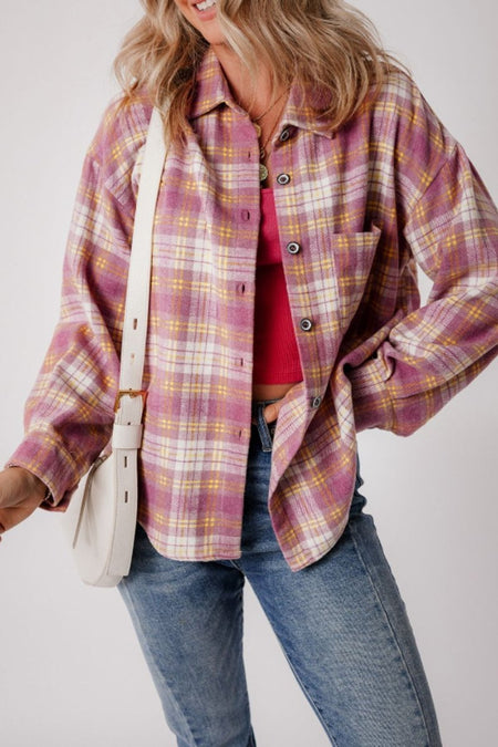 Plaid Collared Neck Button Up Shacket - S. M. & Co.