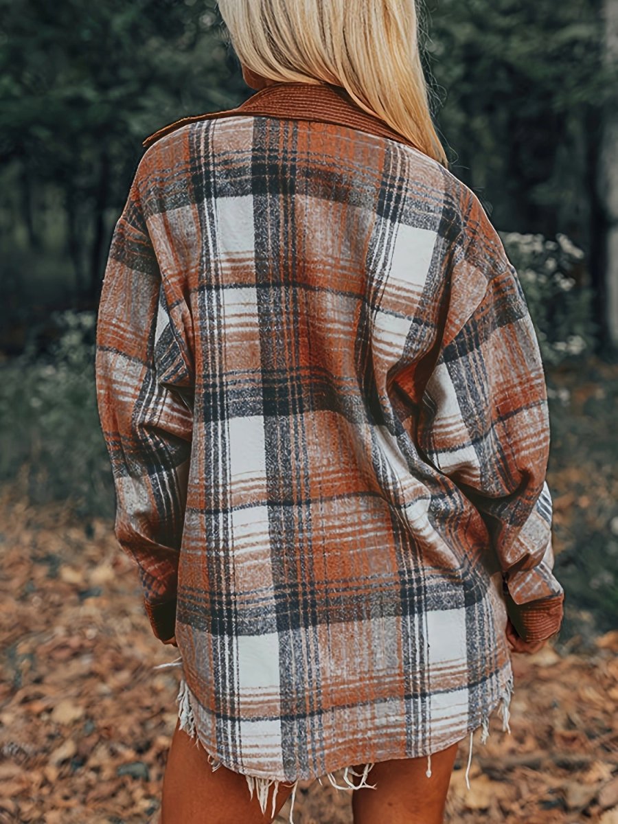 Plaid Collared Neck Button Up Shacket - S. M. & Co.