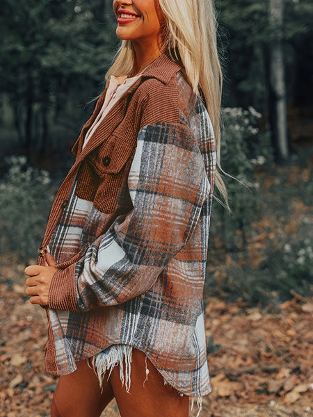 Plaid Collared Neck Button Up Shacket - S. M. & Co.