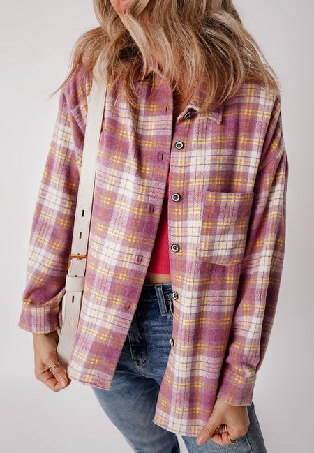 Plaid Collared Neck Button Up Shacket - S. M. & Co.