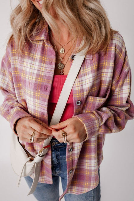 Plaid Collared Neck Button Up Shacket - S. M. & Co.