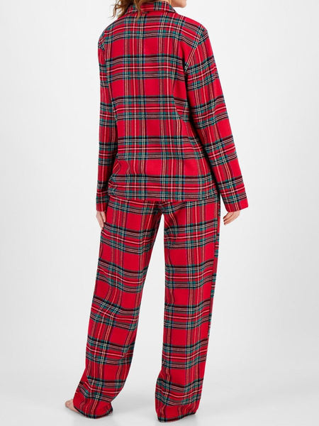 Plaid Collared Neck Button Up Top and Pants Lounge Set - S. M. & Co.