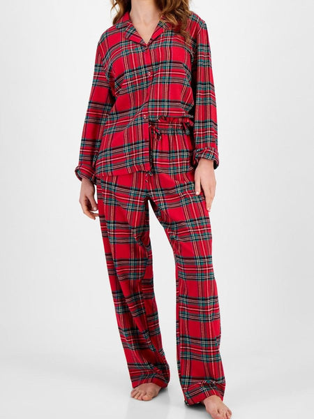 Plaid Collared Neck Button Up Top and Pants Lounge Set - S. M. & Co.