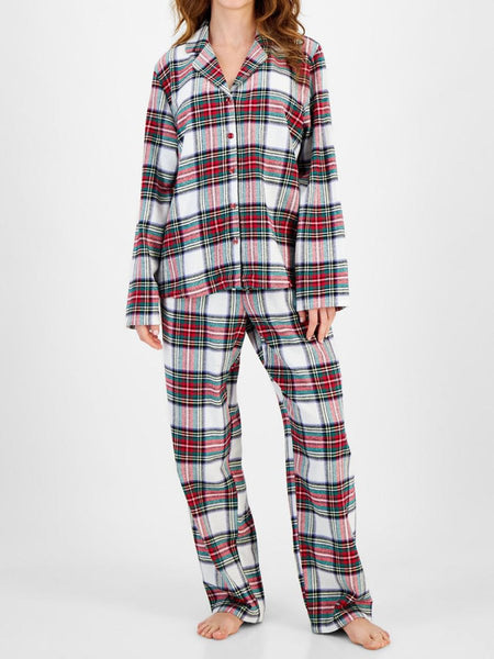 Plaid Collared Neck Button Up Top and Pants Lounge Set - S. M. & Co.