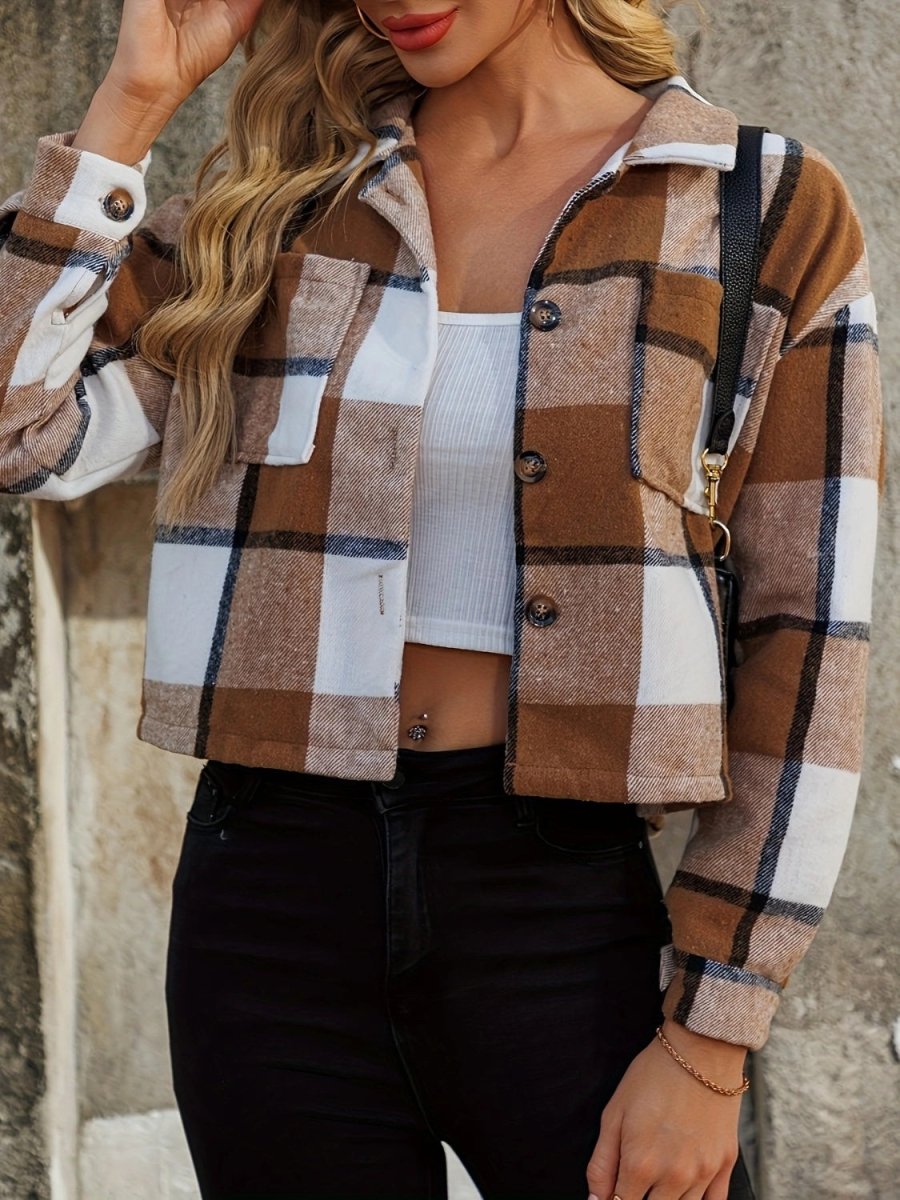 Plaid Collared Neck Cropped Jacket - S. M. & Co.