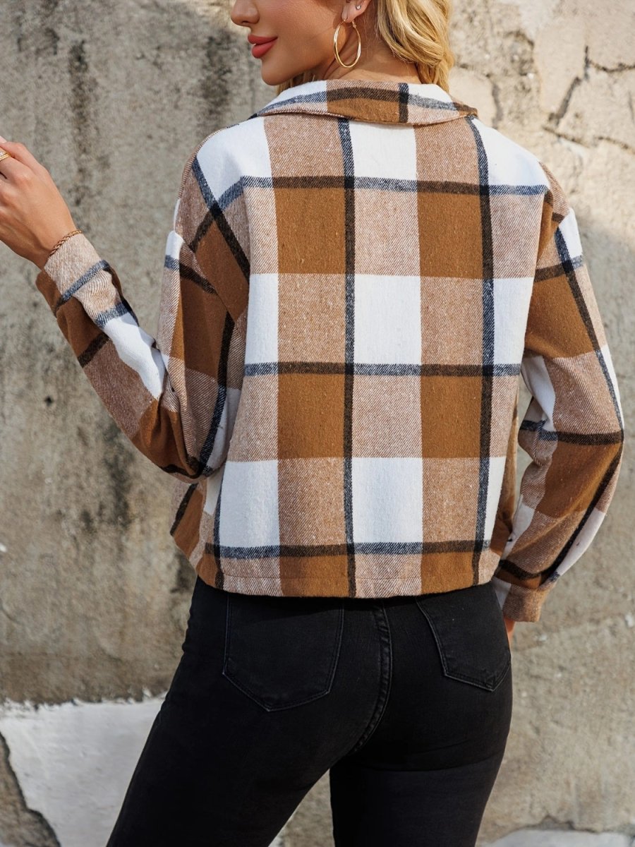 Plaid Collared Neck Cropped Jacket - S. M. & Co.