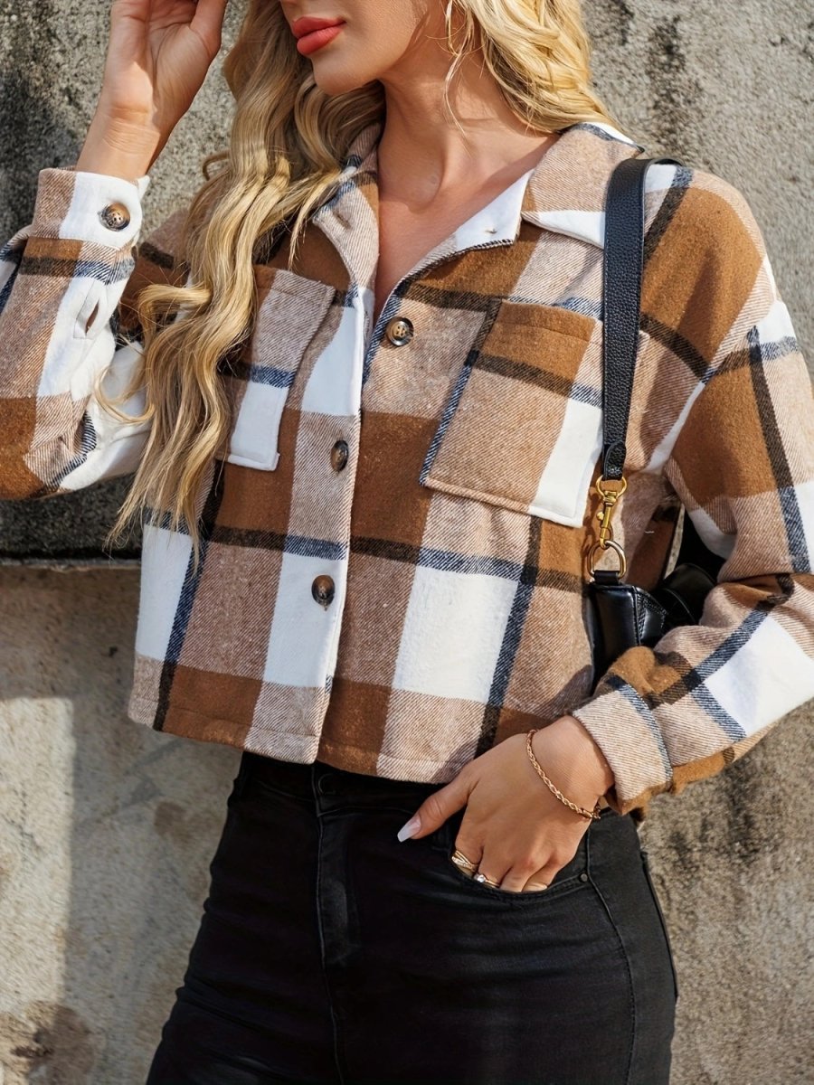 Plaid Collared Neck Cropped Jacket - S. M. & Co.