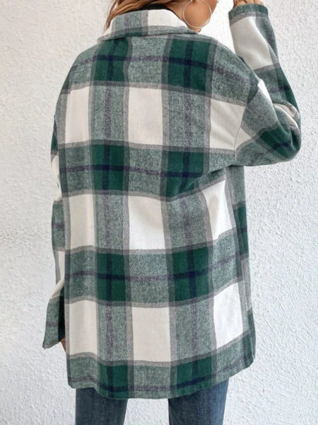 Plaid Collared Neck Dropped Shoulder Shacket - S. M. & Co.