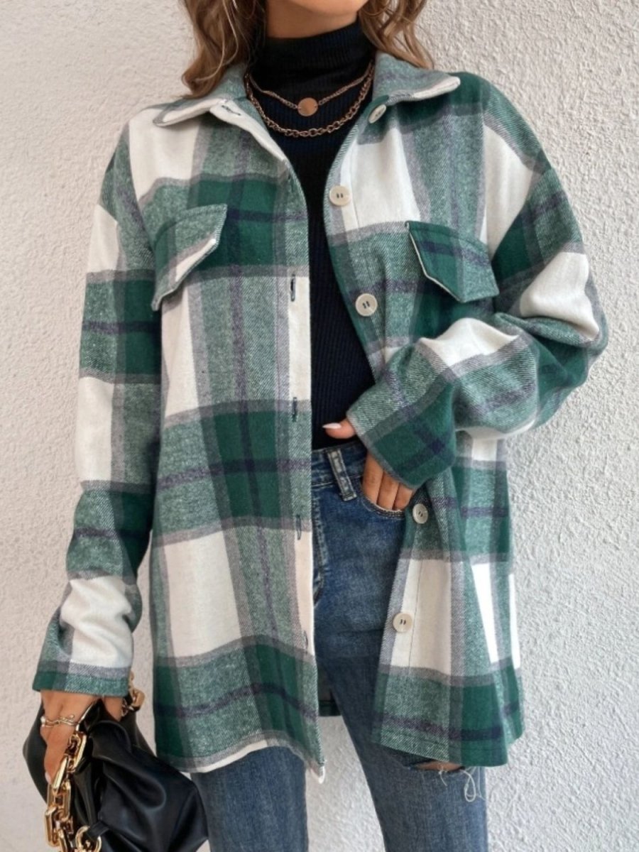 Plaid Collared Neck Dropped Shoulder Shacket - S. M. & Co.