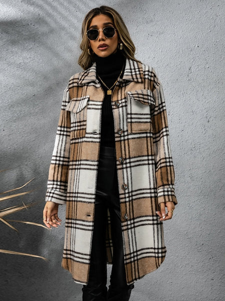 Plaid Collared Neck Long Sleeve Coat - S. M. & Co.