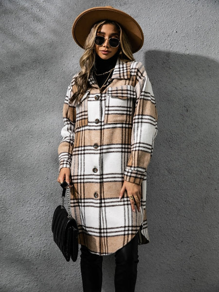 Plaid Collared Neck Long Sleeve Coat - S. M. & Co.