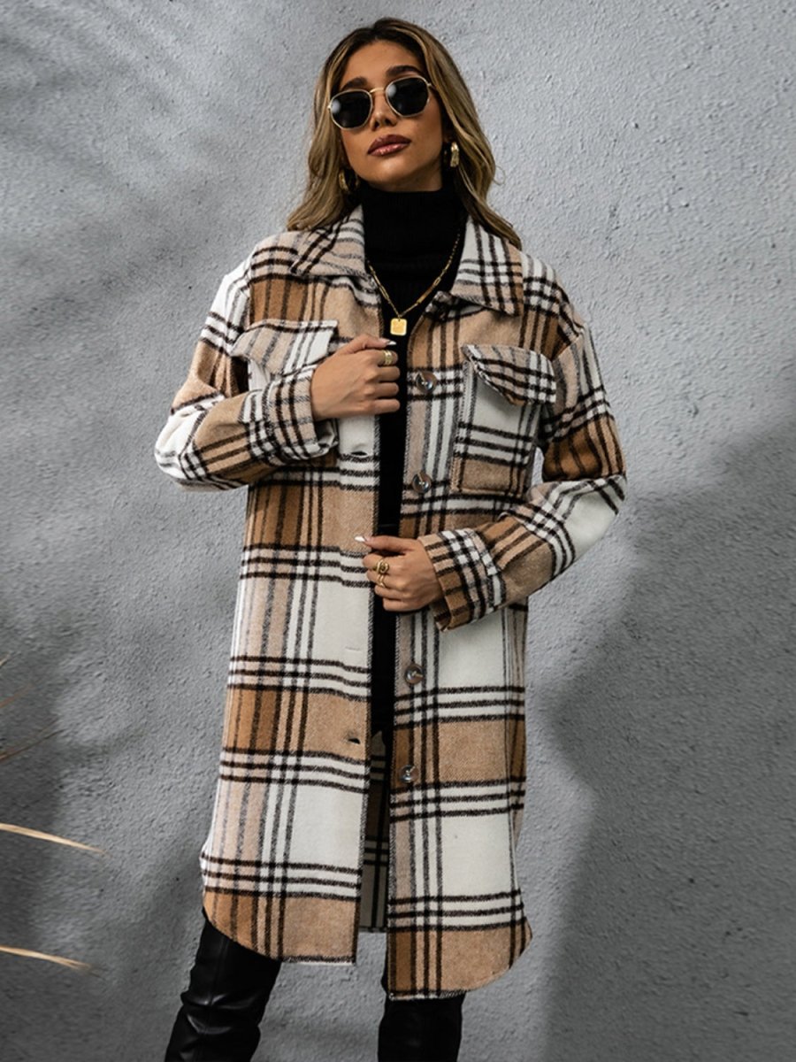 Plaid Collared Neck Long Sleeve Coat - S. M. & Co.