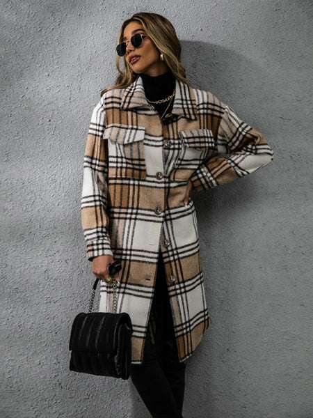 Plaid Collared Neck Long Sleeve Coat - S. M. & Co.