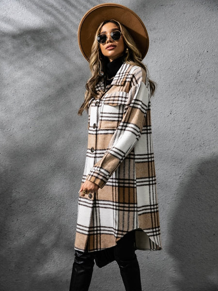 Plaid Collared Neck Long Sleeve Coat - S. M. & Co.