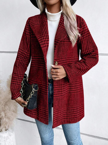 Plaid Collared Neck Long Sleeve Jacket - S. M. & Co.