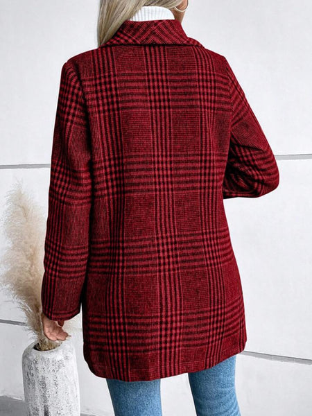 Plaid Collared Neck Long Sleeve Jacket - S. M. & Co.