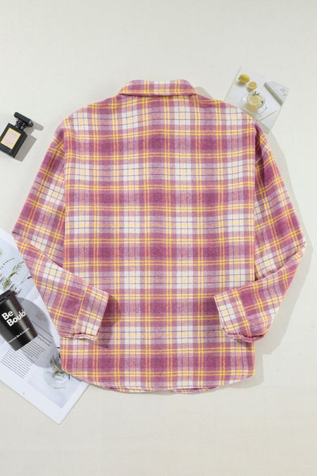 Plaid Collared Neck Long Sleeve Shacket - S. M. & Co.