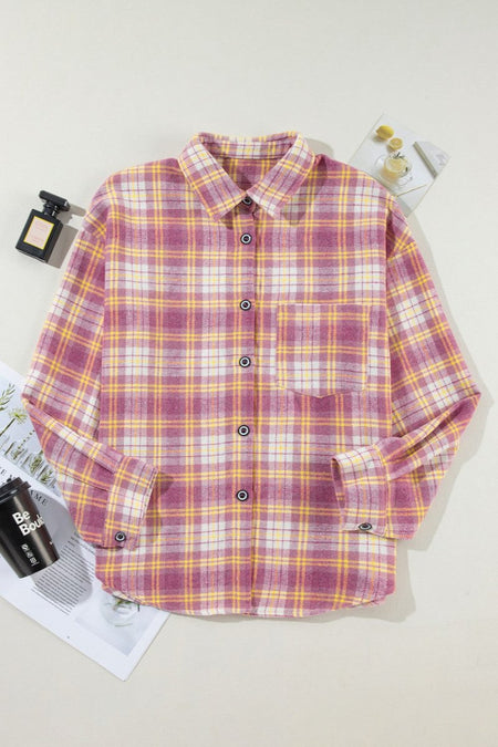 Plaid Collared Neck Long Sleeve Shacket - S. M. & Co.