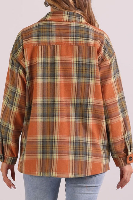 Plaid Collared Neck Long Sleeve Shirt with Chest Pockets - S. M. & Co.