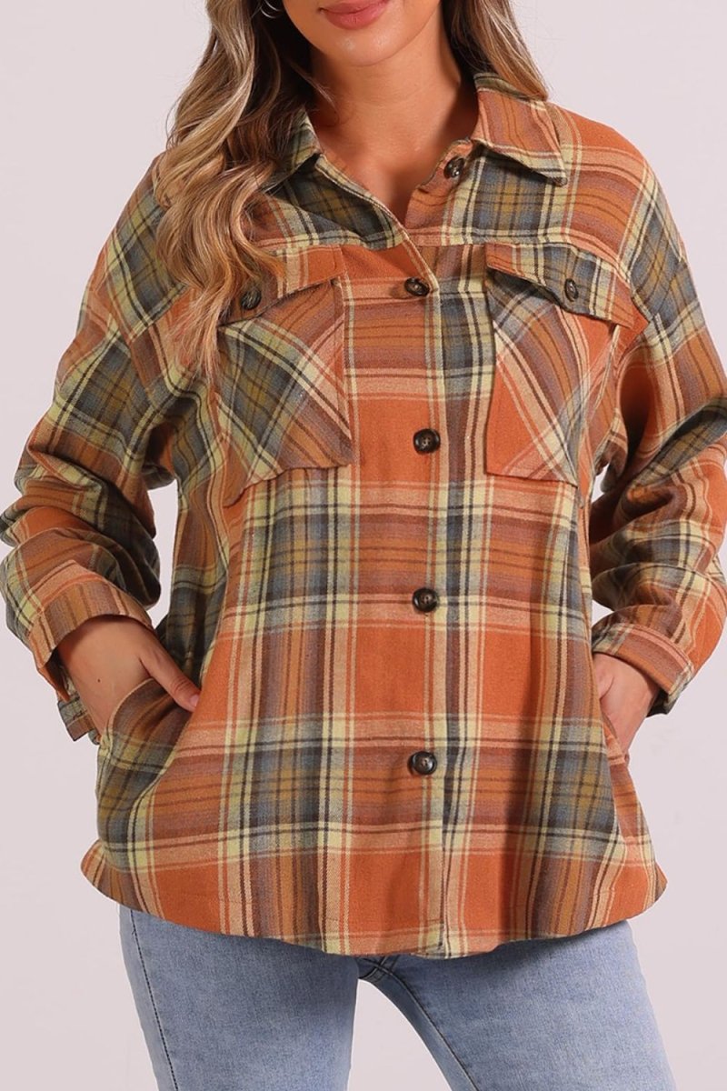 Plaid Collared Neck Long Sleeve Shirt with Chest Pockets - S. M. & Co.