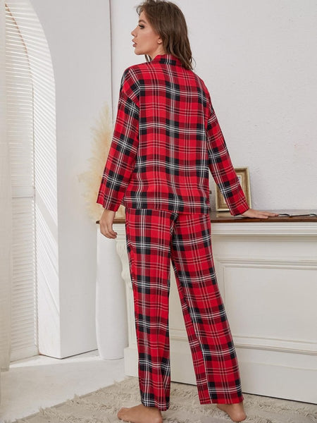 Plaid Collared Neck Long Sleeve Top and Pants Lounge Set - S. M. & Co.