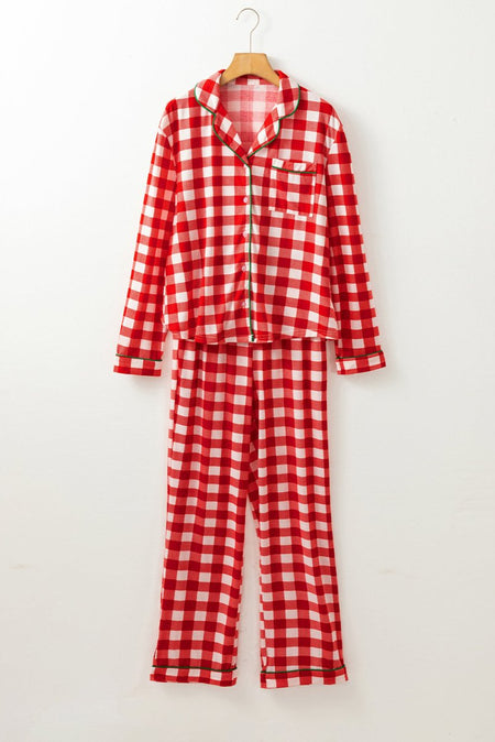 Plaid Collared Neck Long Sleeve Top and Pants Set - S. M. & Co.