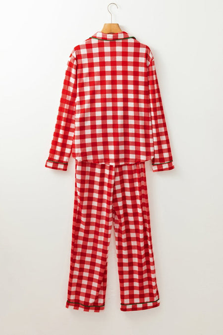 Plaid Collared Neck Long Sleeve Top and Pants Set - S. M. & Co.