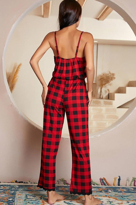 Plaid Lace Trim Spaghetti Strap Jumpsuit - S. M. & Co.