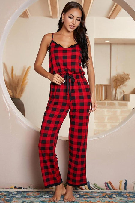 Plaid Lace Trim Spaghetti Strap Jumpsuit - S. M. & Co.