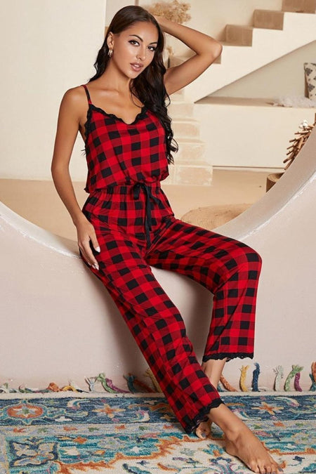 Plaid Lace Trim Spaghetti Strap Jumpsuit - S. M. & Co.