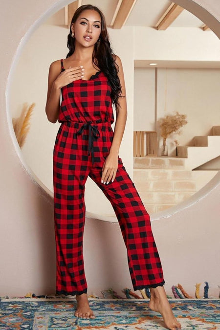 Plaid Lace Trim Spaghetti Strap Jumpsuit - S. M. & Co.