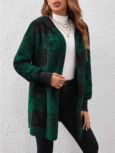 Plaid Long Sleeve Hooded Coat - S. M. & Co.