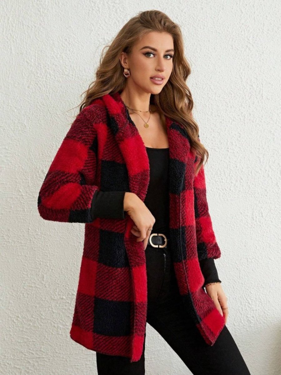 Plaid Long Sleeve Hooded Coat - S. M. & Co.