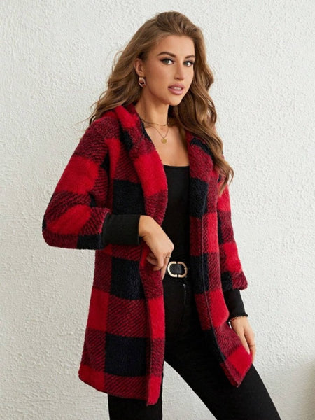 Plaid Long Sleeve Hooded Coat - S. M. & Co.