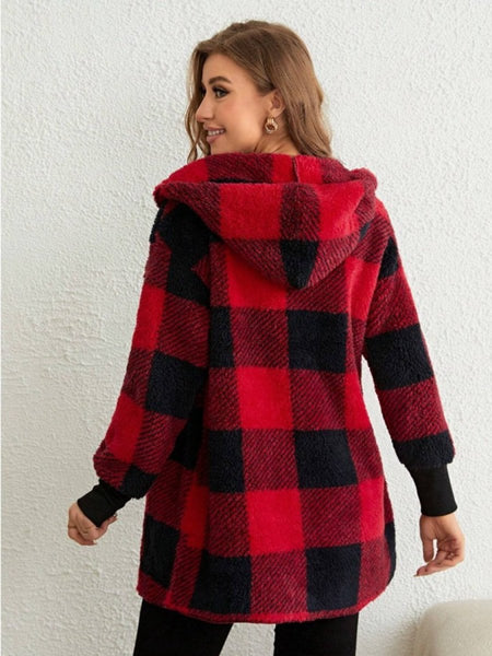 Plaid Long Sleeve Hooded Coat - S. M. & Co.