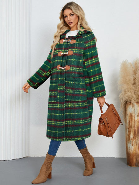 Plaid Long Sleeve Hooded Coat with Pockets - S. M. & Co.