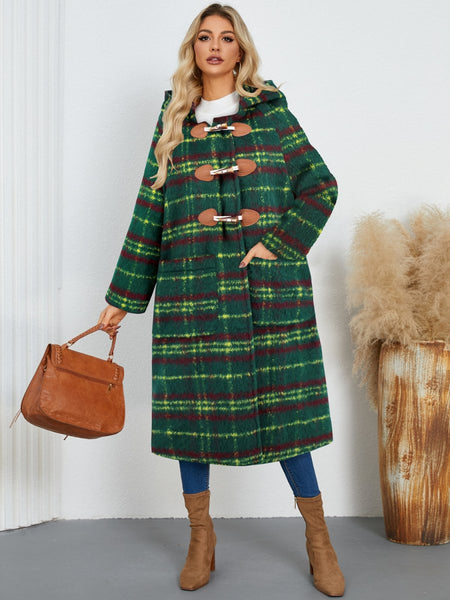 Plaid Long Sleeve Hooded Coat with Pockets - S. M. & Co.