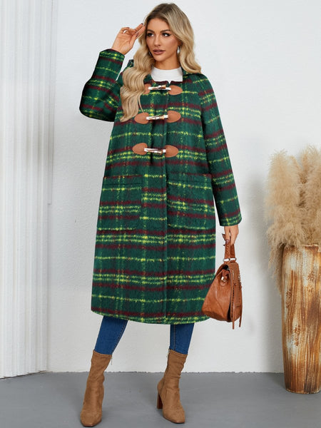 Plaid Long Sleeve Hooded Coat with Pockets - S. M. & Co.