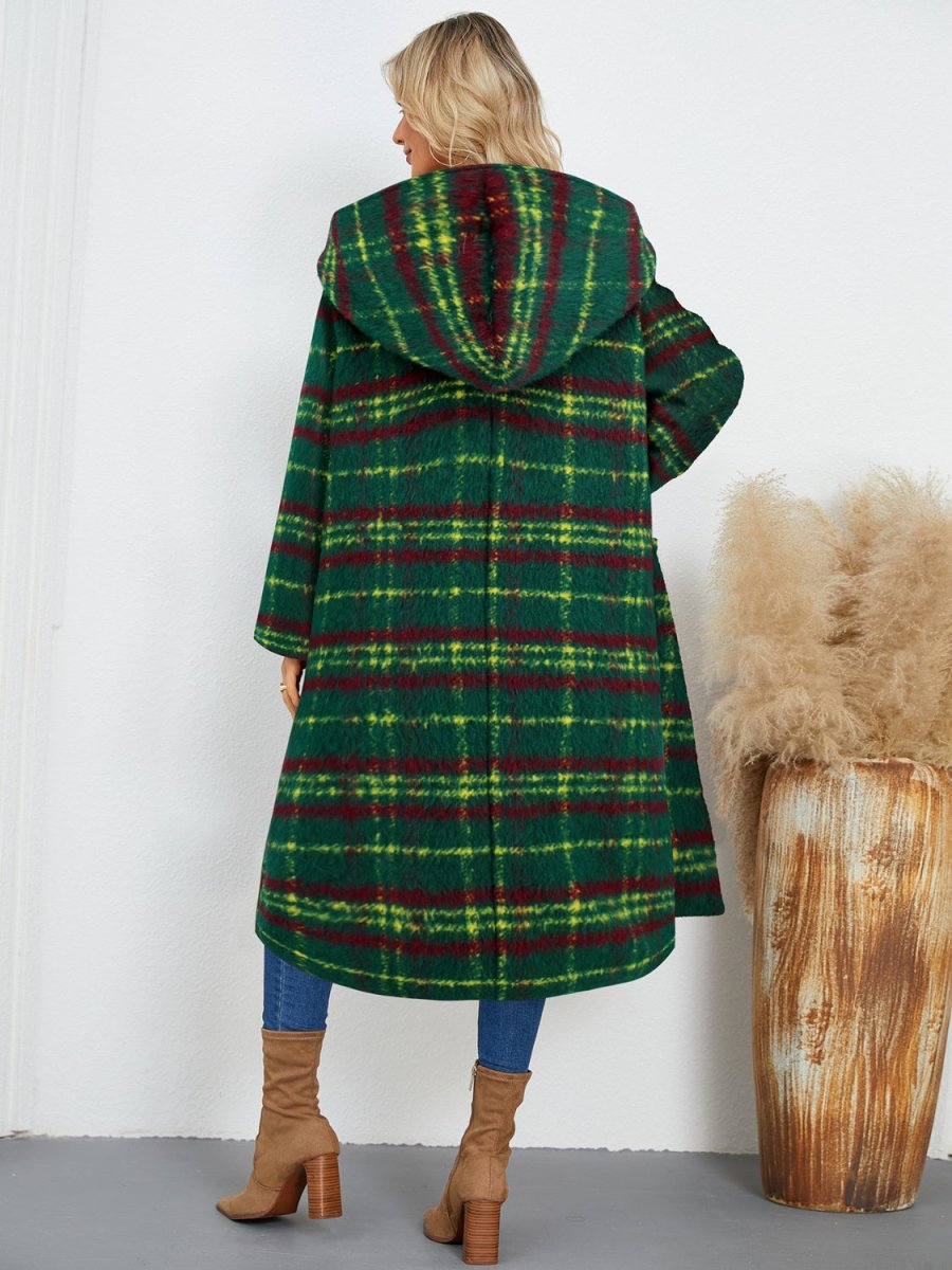 Plaid Long Sleeve Hooded Coat with Pockets - S. M. & Co.