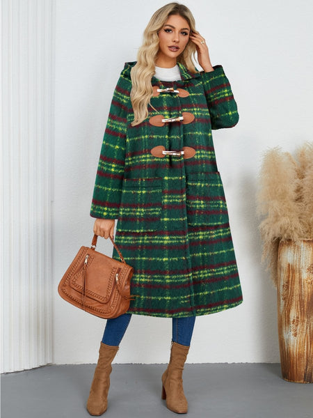 Plaid Long Sleeve Hooded Coat with Pockets - S. M. & Co.