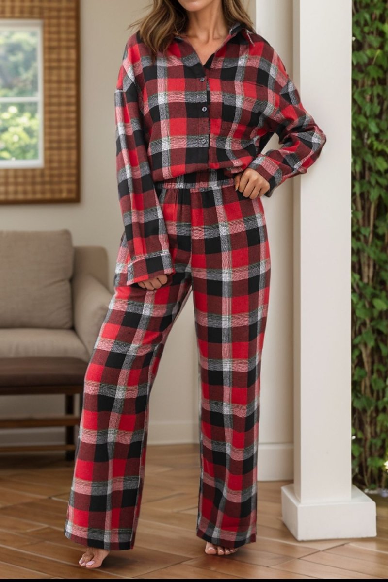 Plaid Long Sleeve Top and Pants Lounge Set - S. M. & Co.