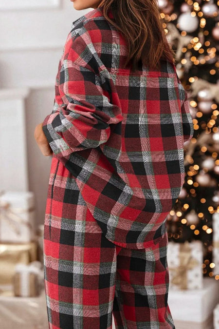 Plaid Long Sleeve Top and Pants Lounge Set - S. M. & Co.