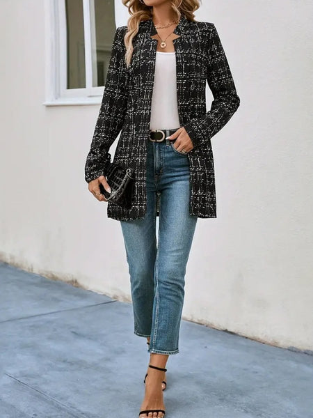 Plaid Open Front Long Sleeve Blazer - S. M. & Co.