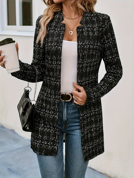 Plaid Open Front Long Sleeve Blazer - S. M. & Co.