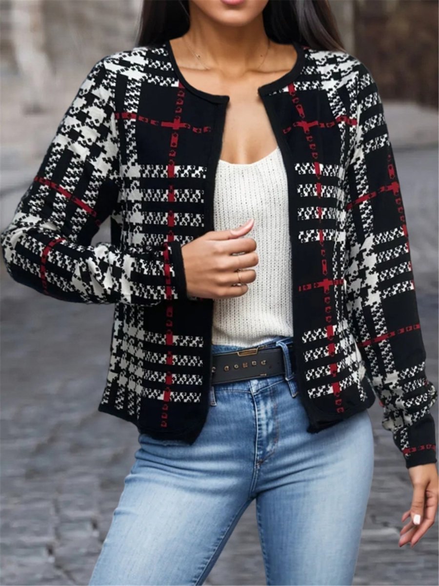 Plaid Open Front Long Sleeve Jacket - S. M. & Co.