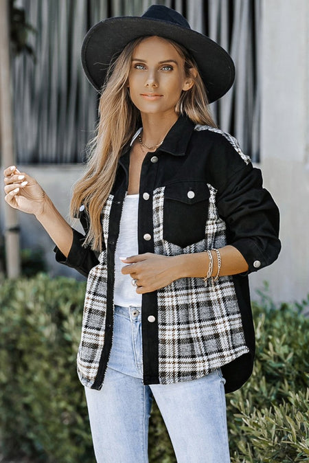 Plaid Pocketed Button Up Denim Jacket - S. M. & Co.