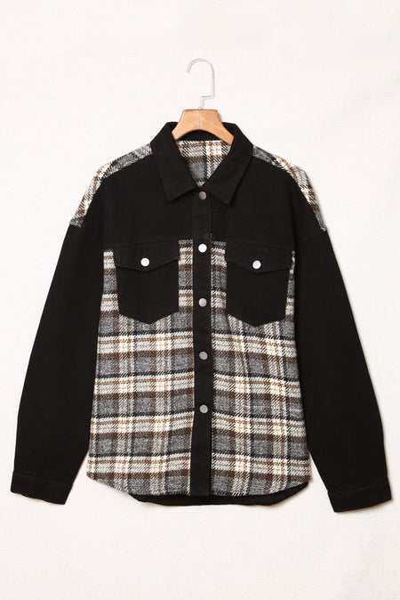 Plaid Pocketed Button Up Denim Jacket - S. M. & Co.