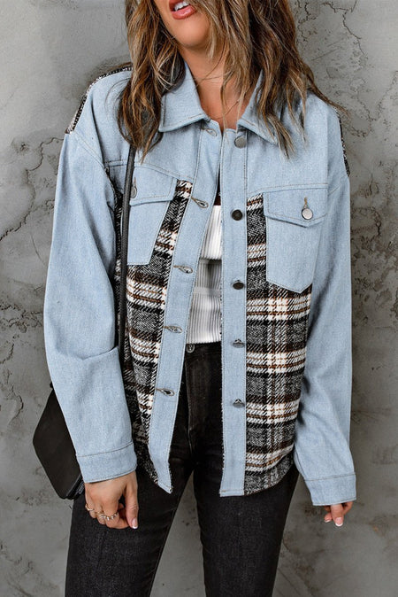 Plaid Pocketed Button Up Denim Jacket - S. M. & Co.