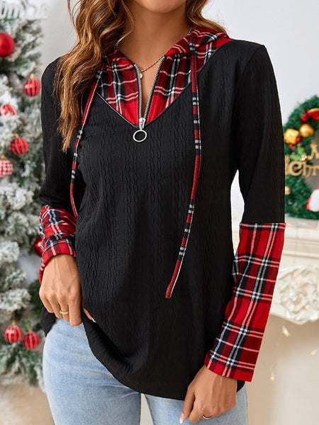 Plaid Quarter Zip Hooded T-Shirt - S. M. & Co.